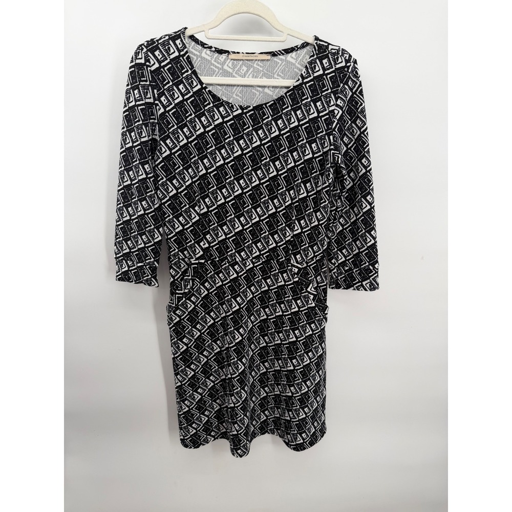 41 Hawthorn Sheath Dress Womens Small Black White Geometric Pockets 3/4 Sleeve